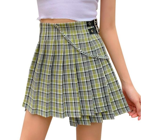 skirts summer asymmetric chain plaid high waist short pleated skirt women, Black