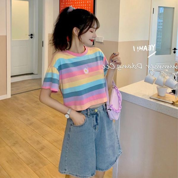 women's t-shirt women cute short sleeve rainbow t-shirts cropped summer slim tee for a66, White
women's t-shirt women cute short sleeve rainbow t-shirts cropped summer slim tee for a66, White