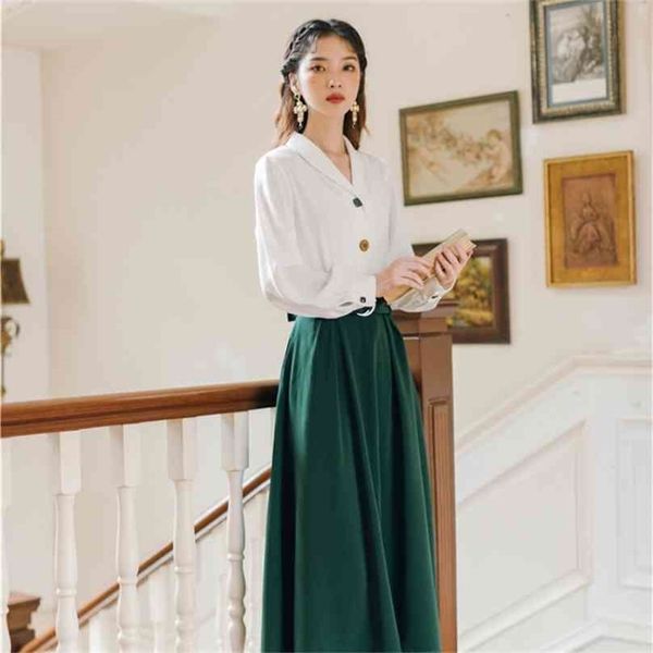 spring women skirt and sets full sleeve white shirt blouse 2 piece suit green mid-calf 210603
spring women skirt and sets full sleeve white shirt blouse 2 piece suit green mid-calf 210603