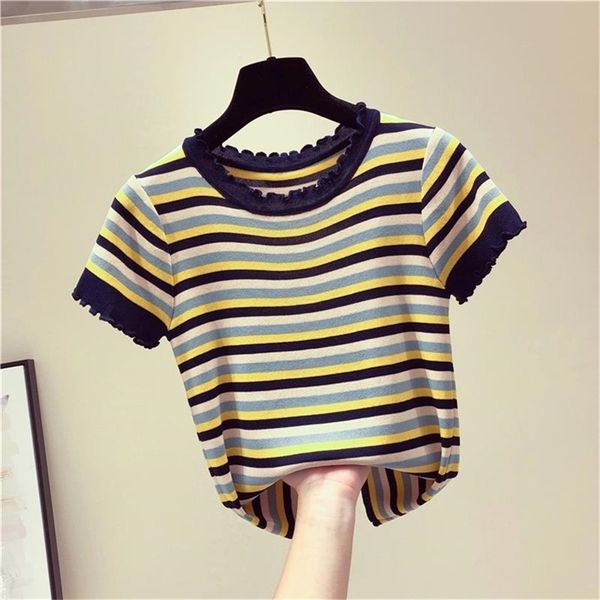 summer fashion the rainbow stripes o-neck short-sleeved sweater bottoming shirt women's loose thin pullover 210507, White;black
summer fashion the rainbow stripes o-neck short-sleeved sweater bottoming shirt women's loose thin pullover 210507, White;black