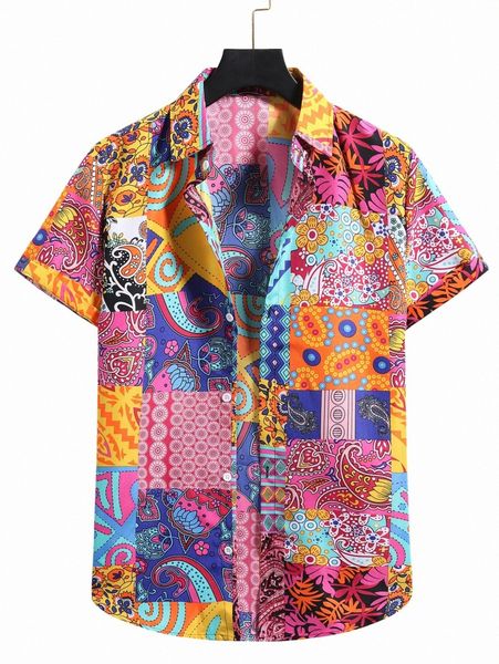romwe guys paisley patchwork button front shirt u5a8#, White;black