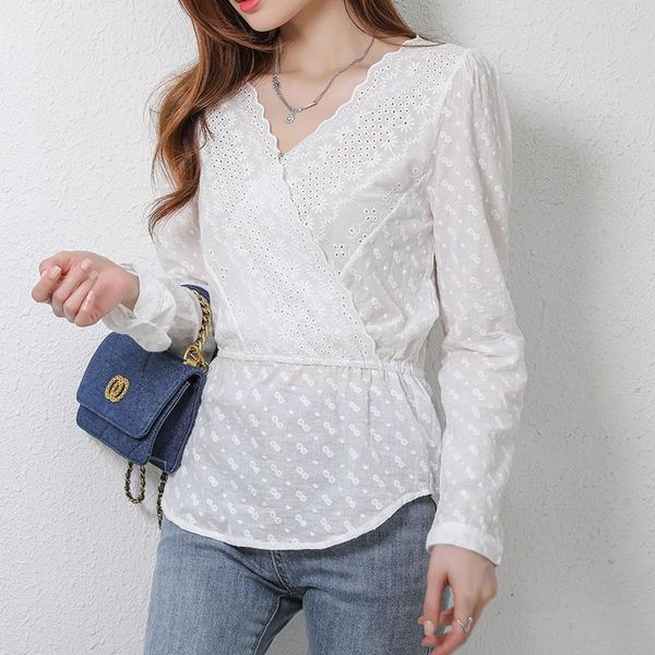 women's blouses & shirts 2021 autumn lace v-neck white blouse women embroidery clothes long sleeve solid chemisier femme 16414
women's blouses & shirts 2021 autumn lace v-neck white blouse women embroidery clothes long sleeve solid chemisier femme 16414