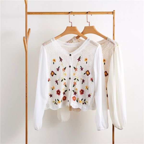 women's blouses & shirts korean version temperament embroidery long-sleeved knitted shirt cardigan women corset blouse, White
women's blouses & shirts korean version temperament embroidery long-sleeved knitted shirt cardigan women corset blouse, White