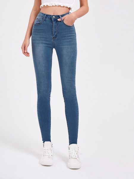 solid zipper fly skinny jeans 54hf#, Blue