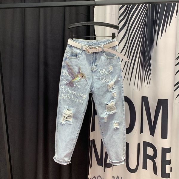 women's jeans summer high waist sequins beading denim women's torn fashion pants loose harem female pant ankle length brim xm2r, Blue
women's jeans summer high waist sequins beading denim women's torn fashion pants loose harem female pant ankle length brim xm2r, Blue