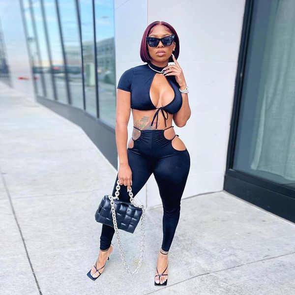 women's two piece pants summer bandage set women mock neck cleavage crop side hollow out matching outfit solid skinny casual attire, White
women's two piece pants summer bandage set women mock neck cleavage crop side hollow out matching outfit solid skinny casual attire, White