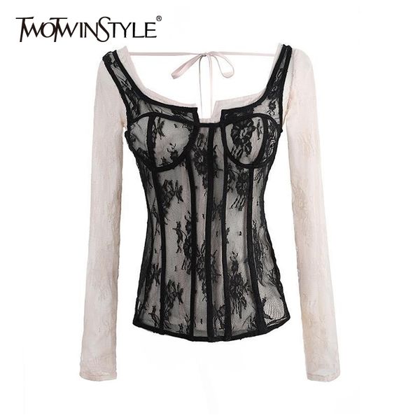 patchwork lace two piece set for women square collar long sleeve t shirt see through vest female sets 210423, White
patchwork lace two piece set for women square collar long sleeve t shirt see through vest female sets 210423, White