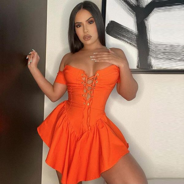 casual dresses off shoulder ruffled mini dress women orange strapless backless cross bandage 2021 summer white party lady, Black;gray
casual dresses off shoulder ruffled mini dress women orange strapless backless cross bandage 2021 summer white party lady, Black;gray