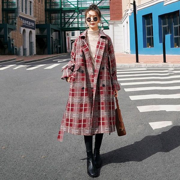women's wool & blends woolen coat long winter loose red gray plaid retro lapel double-breasted ladies cloak casual thick jacket, Black
women's wool & blends woolen coat long winter loose red gray plaid retro lapel double-breasted ladies cloak casual thick jacket, Black