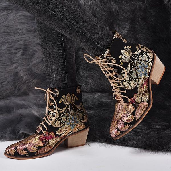 boots winter embroidered women's thick heel, Black 
boots winter embroidered women's thick heel, Black