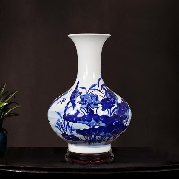 

jingdezhen ceramic vase with 3d flower hand-painted lotus blue and white vases ornament home decoration porcelain