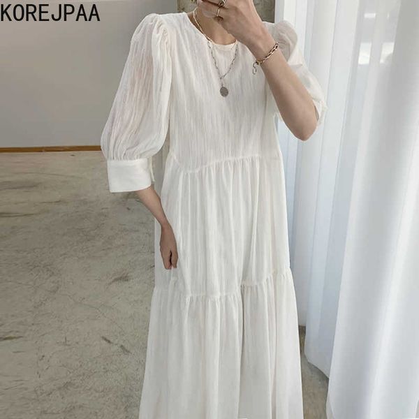 korejpaa women dress korean fashion chic summer temperament elegant o-neck fold design loose wild bubble sleeve long vestido 210526, Black;gray
korejpaa women dress korean fashion chic summer temperament elegant o-neck fold design loose wild bubble sleeve long vestido 210526, Black;gray
