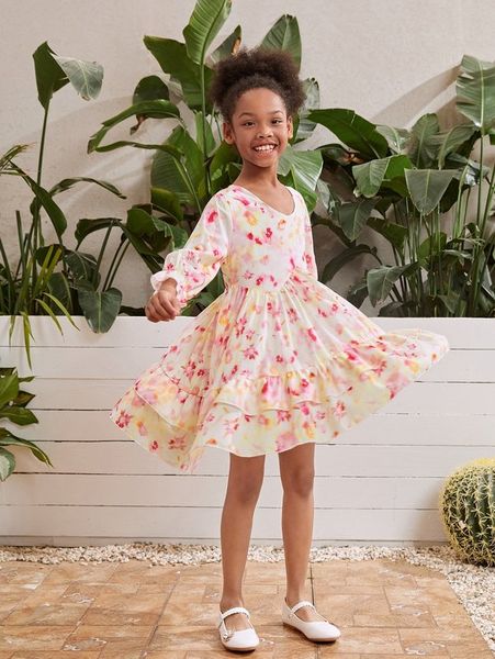 girls allover floral bell sleeve layered hem dress she, Red;yellow
