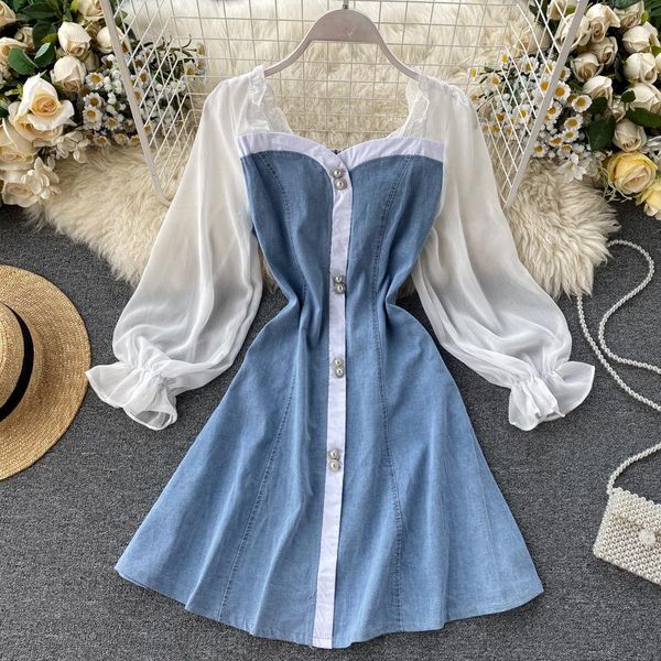 casual dresses spring 2021 women's denim patchwork puff sleeve contrast color stitching slim dress fashion square collar sommerkleid, Black;gray
casual dresses spring 2021 women's denim patchwork puff sleeve contrast color stitching slim dress fashion square collar sommerkleid, Black;gray