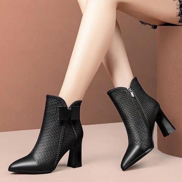 boots women's shoes thick with high-heeled pointed bow single plus velvet ankle, Black 
boots women's shoes thick with high-heeled pointed bow single plus velvet ankle, Black