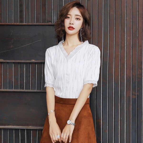 women v-neck loose blouse hollow out shirt vintage bottoming casual women's blouses & shirts, White
women v-neck loose blouse hollow out shirt vintage bottoming casual women's blouses & shirts, White