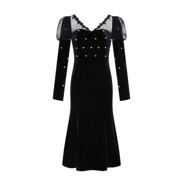 women elegant black v neck velvet long sleeve knee length beading mermaid trumpet dress mesh puff pearl d3046 210514, Black;gray
women elegant black v neck velvet long sleeve knee length beading mermaid trumpet dress mesh puff pearl d3046 210514, Black;gray