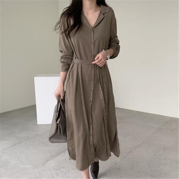 casual dresses single breasted korean long dress women notched collar sleeve vintage party solid chic pockets spring oversized z871, Black;gray
casual dresses single breasted korean long dress women notched collar sleeve vintage party solid chic pockets spring oversized z871, Black;gray