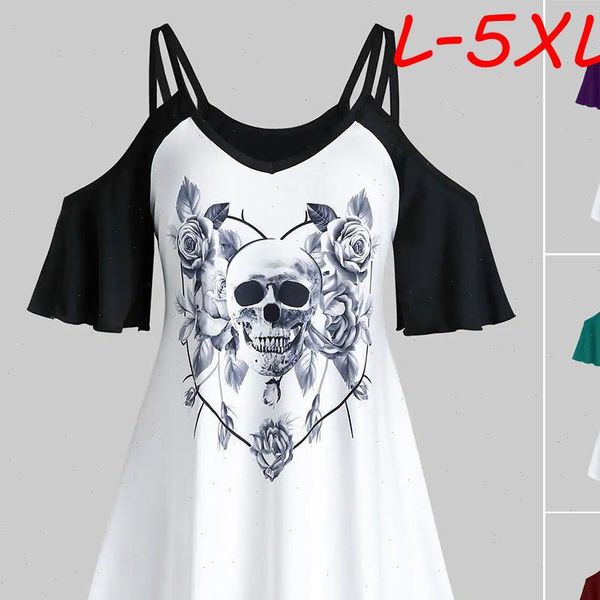 women blouse oversized shirt v neck plus size open shoulder skull flower print summer off, White
women blouse oversized shirt v neck plus size open shoulder skull flower print summer off, White