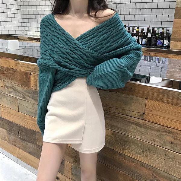 women's sweaters women off shoulder cross v neck sweater solid knitted suéter short crop top, White;black
women's sweaters women off shoulder cross v neck sweater solid knitted suéter short crop top, White;black