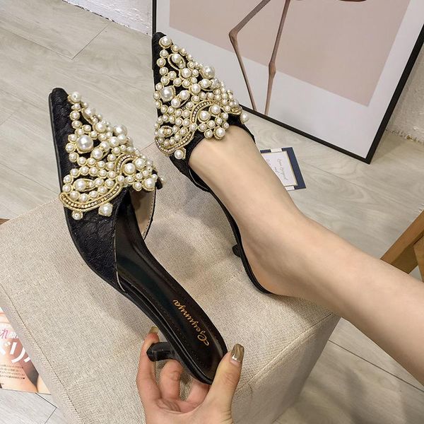 women slippers luxury designers pointed toe pearl scuffs sandals fashion slip on casual high heels ladies thin spool heel mule slides shoes, Black
women slippers luxury designers pointed toe pearl scuffs sandals fashion slip on casual high heels ladies thin spool heel mule slides shoes, Black