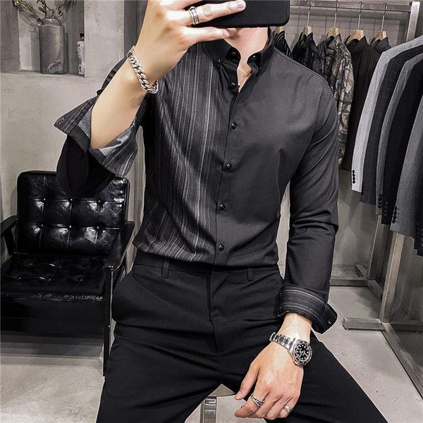men's casual shirts autumn spring striped printed long sleeve blouses men korean slim business male formal wear o290, White;black
men's casual shirts autumn spring striped printed long sleeve blouses men korean slim business male formal wear o290, White;black