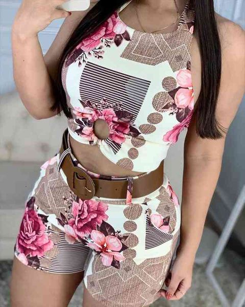 2 pieces sets summer womens tracksuits halter sleeveless shirts floral printed female crop amp shorts suits, Gray
2 pieces sets summer womens tracksuits halter sleeveless shirts floral printed female crop amp shorts suits, Gray