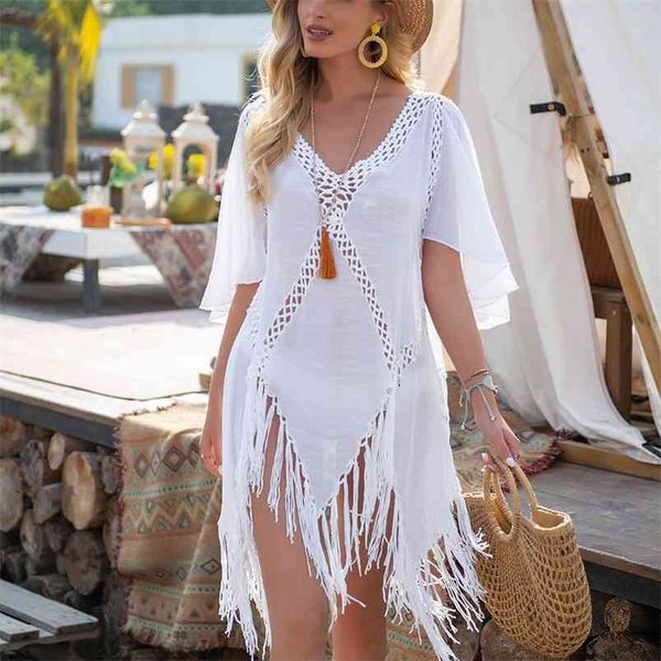 backless cover up with tassels v-neck halter beach dress women summer bathing suit beachwear 210714, White
backless cover up with tassels v-neck halter beach dress women summer bathing suit beachwear 210714, White