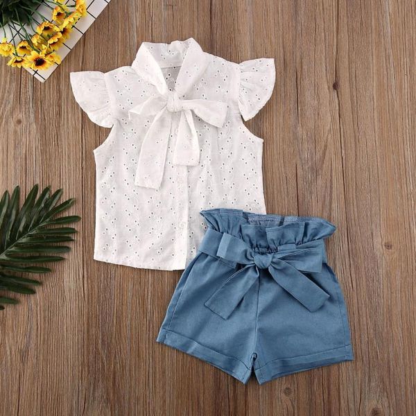 1-6y fashion summer kids baby girls clothes sets bow ruffle sleeve lace flowers t shirts +blue shorts clothing, White
1-6y fashion summer kids baby girls clothes sets bow ruffle sleeve lace flowers t shirts +blue shorts clothing, White