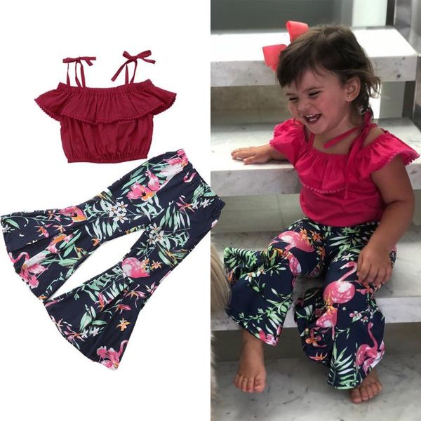 clothing sets girl's 2pcs clothes set, solid color off-shoulder tie-up sling with flamingos print flared long pants, White
clothing sets girl's 2pcs clothes set, solid color off-shoulder tie-up sling with flamingos print flared long pants, White