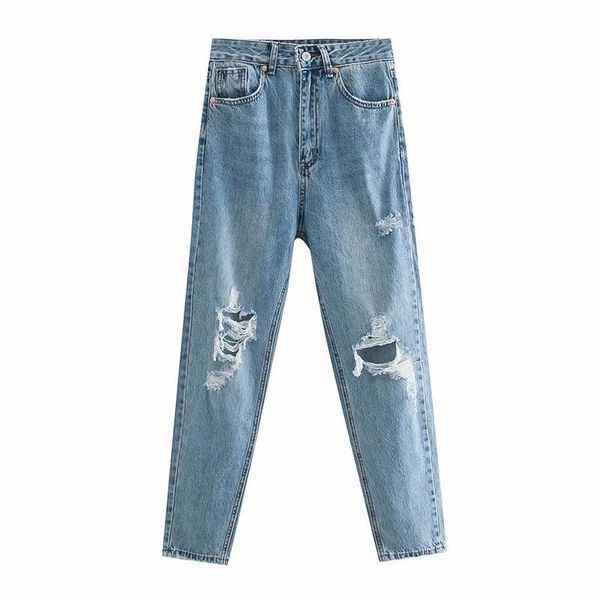 high-waist jeans featuring five-pocket design ripped detailing on the front and zip metal button fastenins women's, Blue
high-waist jeans featuring five-pocket design ripped detailing on the front and zip metal button fastenins women's, Blue