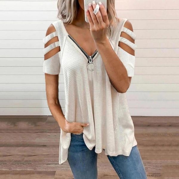 women elegant zip v-neck short sleeve loose lady hollow out solid tee shirt streetwear casual blusa drop women's t-shirt, White
women elegant zip v-neck short sleeve loose lady hollow out solid tee shirt streetwear casual blusa drop women's t-shirt, White