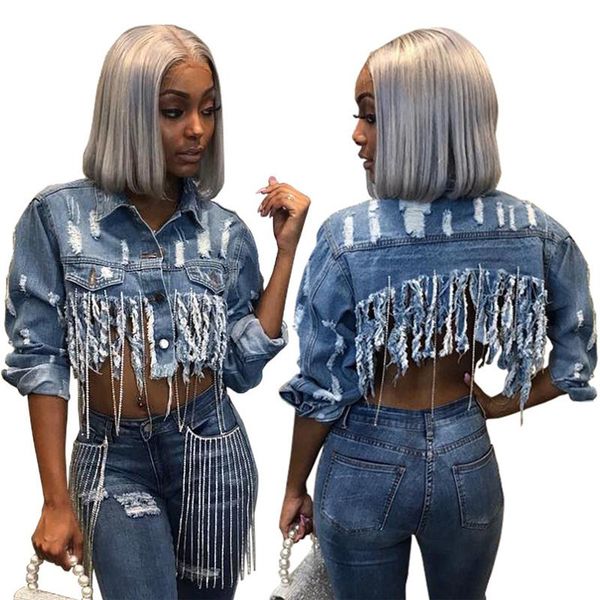 women's jackets autumn tassel ripped cropped jean jacket women chain long sleeve denim streetwear short coat female outwear, Black;brown
women's jackets autumn tassel ripped cropped jean jacket women chain long sleeve denim streetwear short coat female outwear, Black;brown