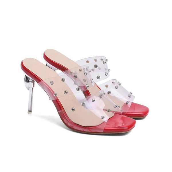 rivets clear pvc open toe stiletto high heels summer sandals slippers slides women's shoes, Black
rivets clear pvc open toe stiletto high heels summer sandals slippers slides women's shoes, Black