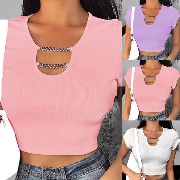 women's t-shirt summer casual personality o-neck chain exposed navel simple slim solid color women, White
women's t-shirt summer casual personality o-neck chain exposed navel simple slim solid color women, White