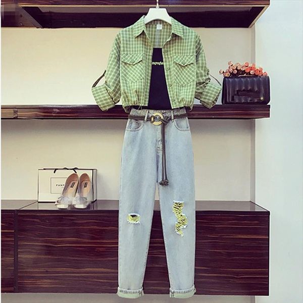 chic design sashes hole denim womenpant suits autumn high street fashion plaid shirt with letter sling casual 3 piece set, White
chic design sashes hole denim womenpant suits autumn high street fashion plaid shirt with letter sling casual 3 piece set, White