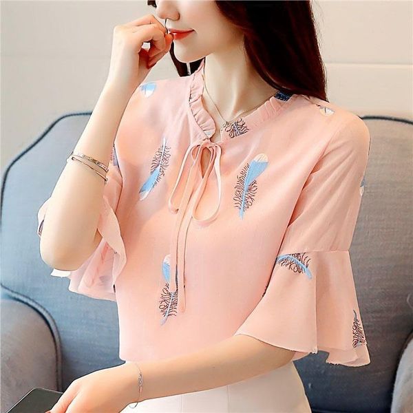 women summer chiffon blouses lady casual o-neck short flare sleeve feather printed women's & shirts, White
women summer chiffon blouses lady casual o-neck short flare sleeve feather printed women's & shirts, White