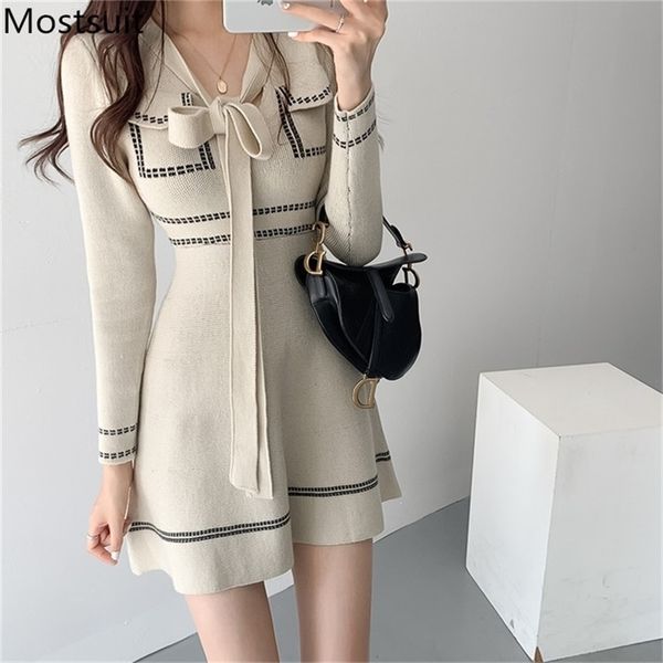 korean knitted lace-up bow mini dress women long sleeve a-line dresses elegant fashion ladies vestidos femme 210513, Black;gray 
korean knitted lace-up bow mini dress women long sleeve a-line dresses elegant fashion ladies vestidos femme 210513, Black;gray