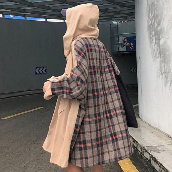 women's trench coats 2021 spring women hooded plaid coat korean fashion batwing sleeve pocket loose long khaki casual clothes, Tan;black
women's trench coats 2021 spring women hooded plaid coat korean fashion batwing sleeve pocket loose long khaki casual clothes, Tan;black