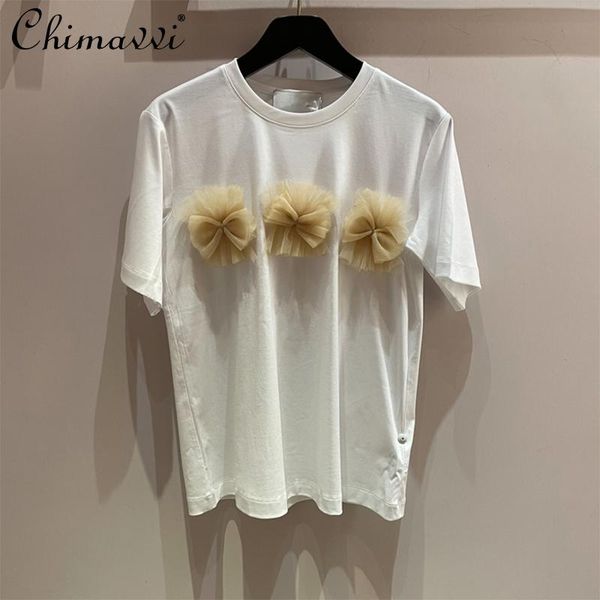 spring and summer bow decoration mesh flowers stitching white t-shirt for women casual style lady fashion women's
spring and summer bow decoration mesh flowers stitching white t-shirt for women casual style lady fashion women's
