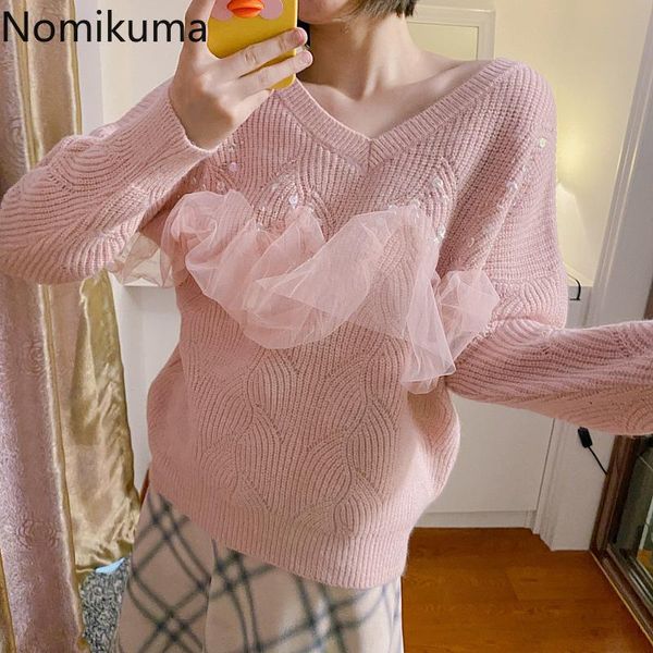 women's sweaters nomikuma gauze patchwork sweet pullover jumpers v neck long sleeve casual fashion knitted women sueter mujer 3c796, White;black
women's sweaters nomikuma gauze patchwork sweet pullover jumpers v neck long sleeve casual fashion knitted women sueter mujer 3c796, White;black