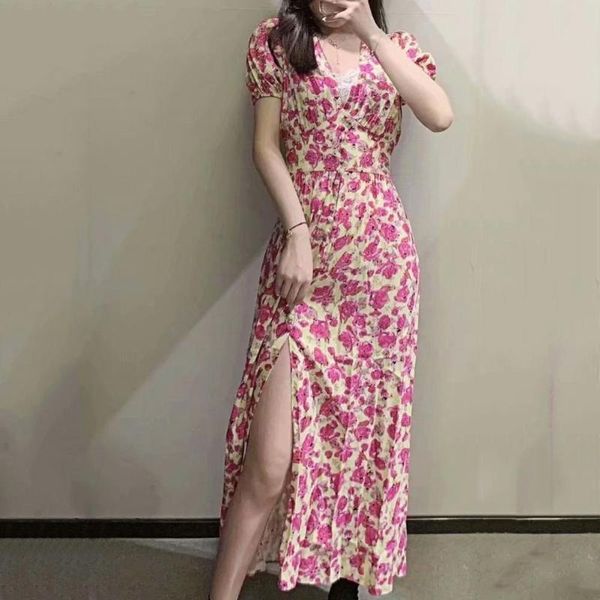 party dresses ruched split women dress puff short sleeve light pink floral print v neck midi streetwear, White;black
party dresses ruched split women dress puff short sleeve light pink floral print v neck midi streetwear, White;black