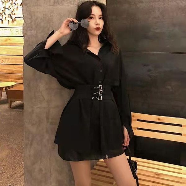 casual dresses women's clothing black white dresse midi dress korean style autumn shirt, Black;gray