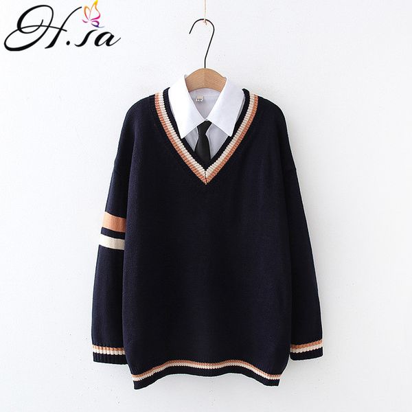 h.sa korean japanese style 2 pieces v neck pull jumpers with blouses tied college sweater suit oversized 210417, White;black
h.sa korean japanese style 2 pieces v neck pull jumpers with blouses tied college sweater suit oversized 210417, White;black