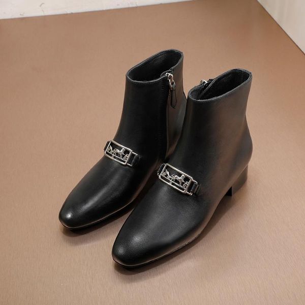 boots shoes women winter ankle metal decor genuine leather med heels zip pointed toe zapatos de mujer, Black
boots shoes women winter ankle metal decor genuine leather med heels zip pointed toe zapatos de mujer, Black