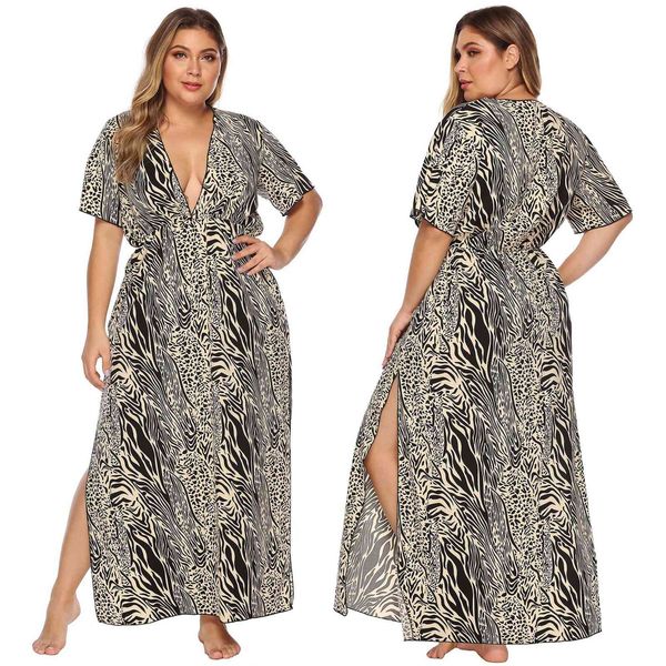 women's plus size large animal pattern deep v high split short sleeve close waist beach 11049
women's plus size large animal pattern deep v high split short sleeve close waist beach 11049