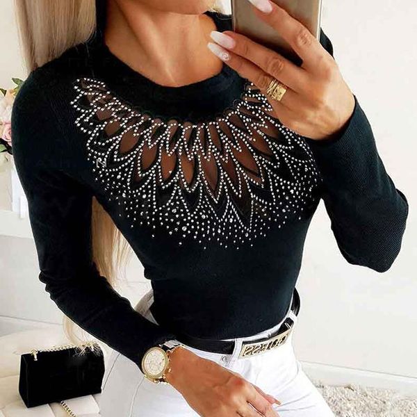women rhinestones mesh patchwork tshirt spring long sleeve female tee shirt solid round collar t-shirt women's, White
women rhinestones mesh patchwork tshirt spring long sleeve female tee shirt solid round collar t-shirt women's, White