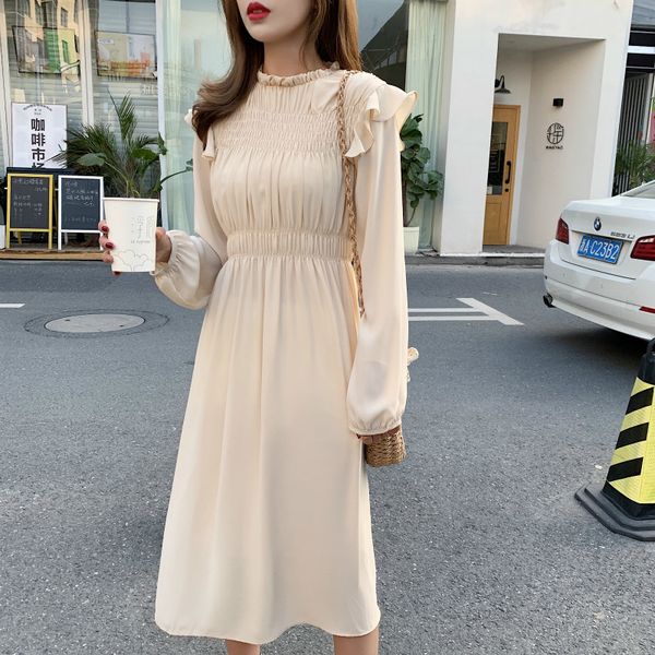 spring korean dress women french slim long sleeve elastic waist simple solid a- line elegant female vestidos 210427, Black;gray
spring korean dress women french slim long sleeve elastic waist simple solid a- line elegant female vestidos 210427, Black;gray