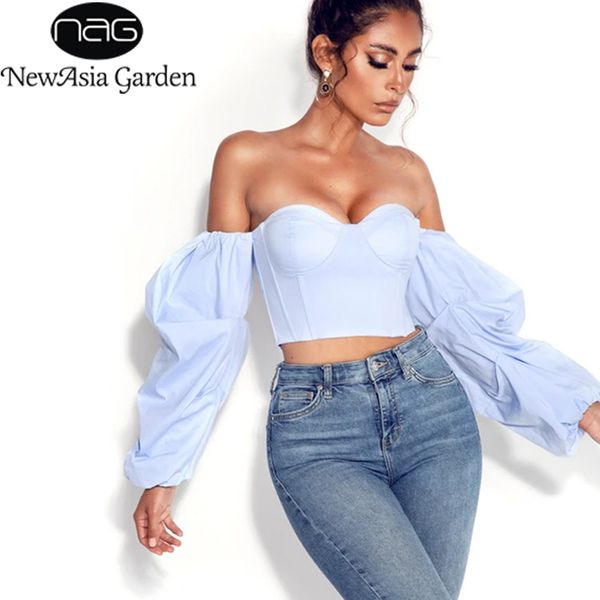 newasia boned corset women off shoulder blusas long stacked sleeve autumn vintage blue blouses casual bustier new 210413, White 
newasia boned corset women off shoulder blusas long stacked sleeve autumn vintage blue blouses casual bustier new 210413, White