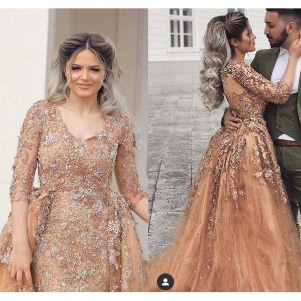pretty champagne lace mermaid evening dresses with detachable train modest three quarter sleeves prom gowns vestidos de festa party, White;black
pretty champagne lace mermaid evening dresses with detachable train modest three quarter sleeves prom gowns vestidos de festa party, White;black